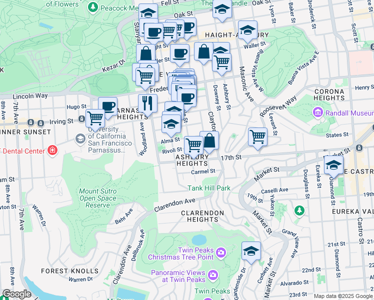 map of restaurants, bars, coffee shops, grocery stores, and more near 101 Rivoli Street in San Francisco