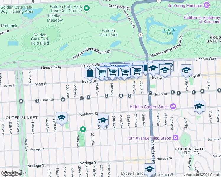 map of restaurants, bars, coffee shops, grocery stores, and more near 1351 24th Avenue in San Francisco