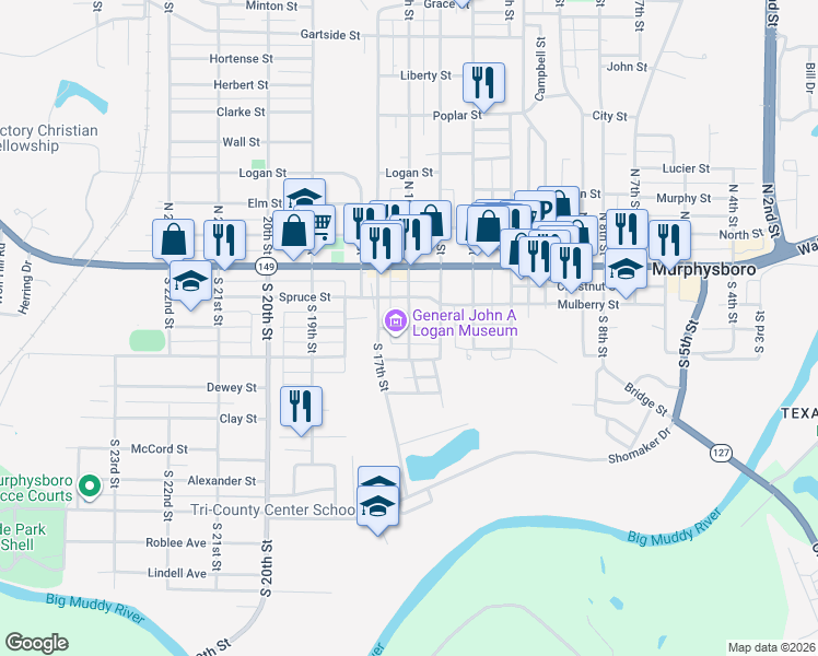 map of restaurants, bars, coffee shops, grocery stores, and more near 1600 Edith Street in Murphysboro