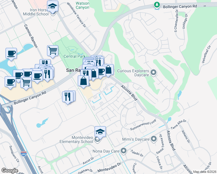 map of restaurants, bars, coffee shops, grocery stores, and more near 125 Reflections Drive in San Ramon