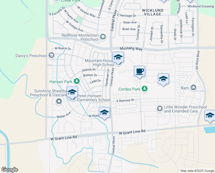 map of restaurants, bars, coffee shops, grocery stores, and more near 1219 South Central Parkway in Tracy