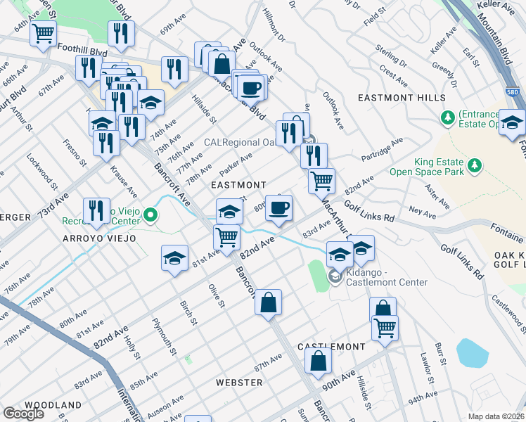 map of restaurants, bars, coffee shops, grocery stores, and more near 2342 80th Avenue in Oakland