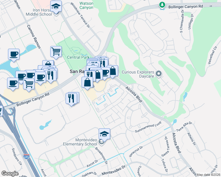 map of restaurants, bars, coffee shops, grocery stores, and more near 216-298 Reflections Drive in San Ramon
