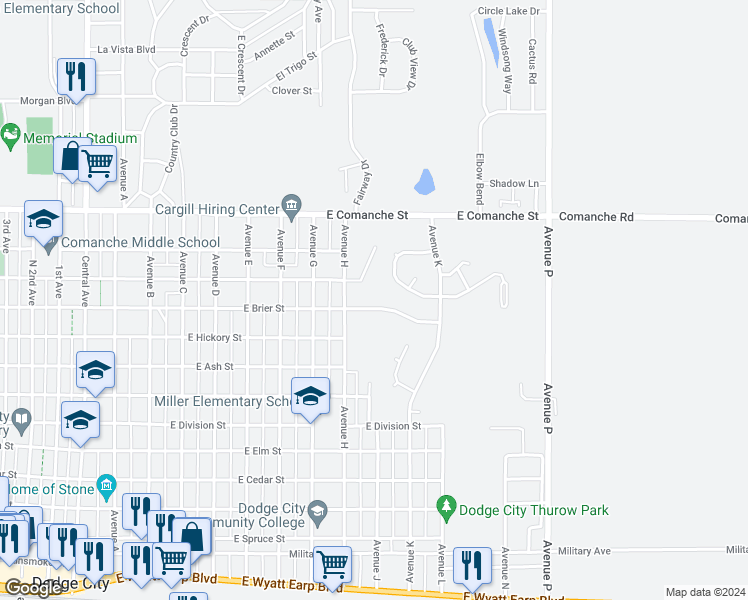 map of restaurants, bars, coffee shops, grocery stores, and more near 1507 Mulberry Circle in Dodge City