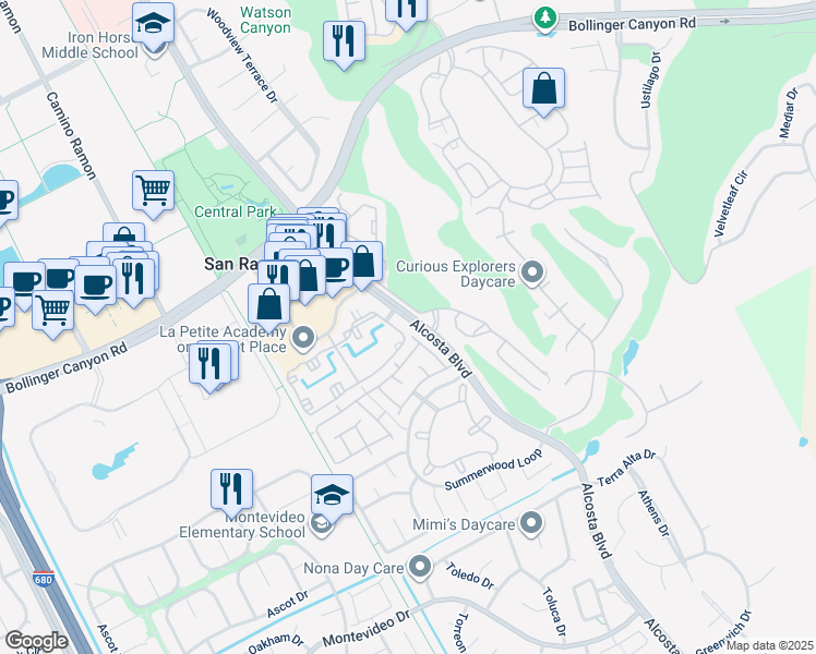 map of restaurants, bars, coffee shops, grocery stores, and more near 320 Canyon Woods Place in San Ramon