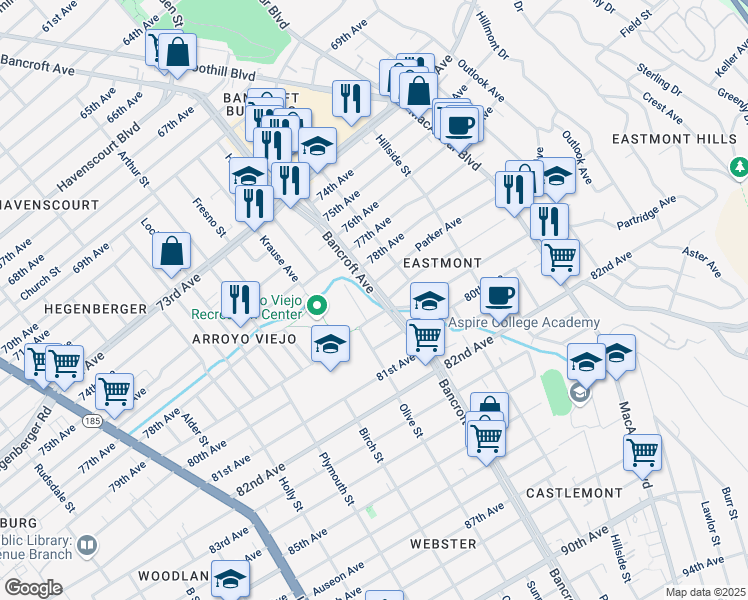 map of restaurants, bars, coffee shops, grocery stores, and more near 7856 Olive Street in Oakland