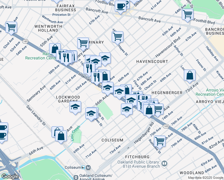 map of restaurants, bars, coffee shops, grocery stores, and more near 1424 66th Avenue in Oakland