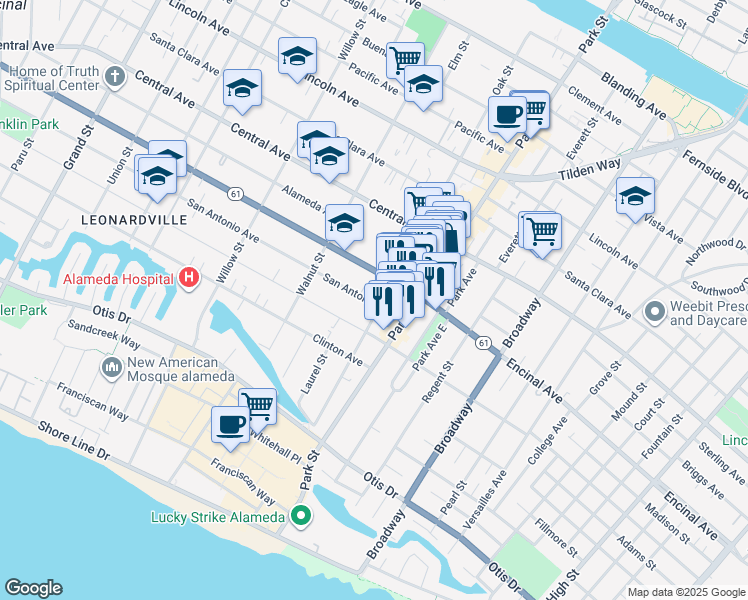 map of restaurants, bars, coffee shops, grocery stores, and more near 1110 Oak Street in Alameda