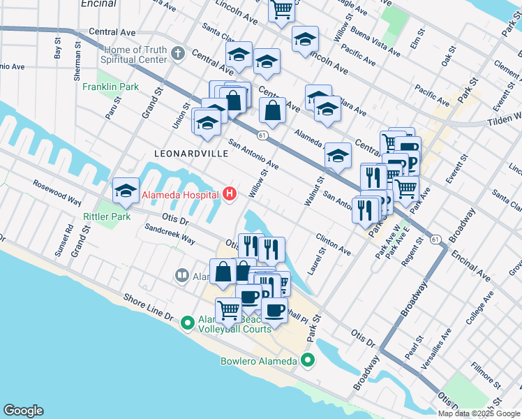 map of restaurants, bars, coffee shops, grocery stores, and more near 2133a Clinton Avenue in Alameda