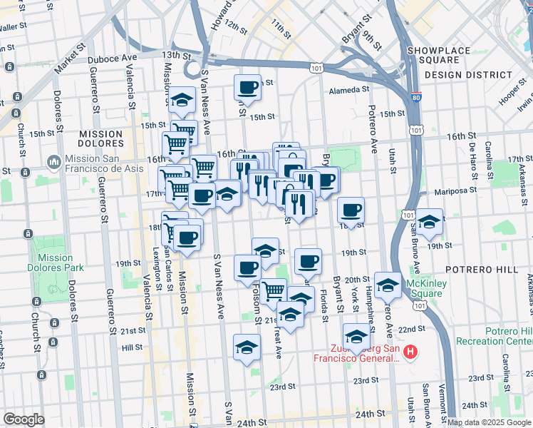 map of restaurants, bars, coffee shops, grocery stores, and more near 3118 18th Street in San Francisco
