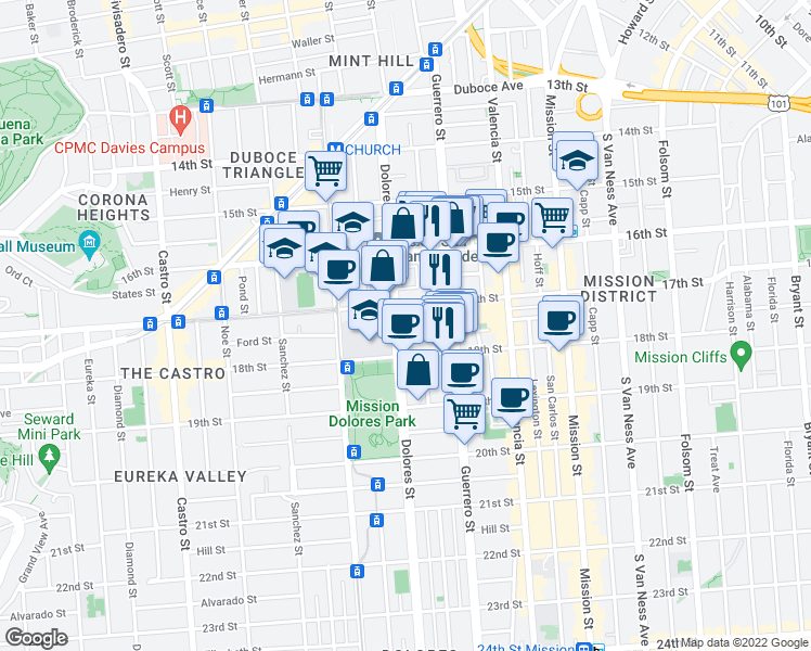 map of restaurants, bars, coffee shops, grocery stores, and more near 51 Dolores Terrace in San Francisco
