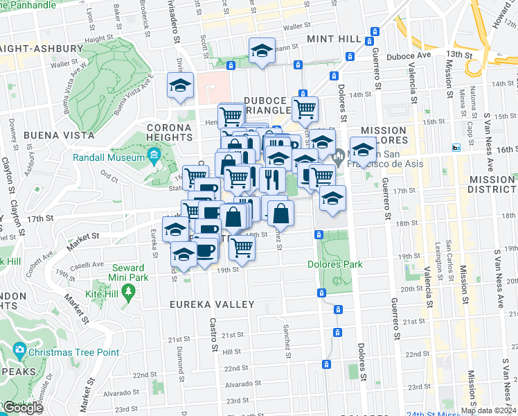 map of restaurants, bars, coffee shops, grocery stores, and more near 3835a 17th Street in San Francisco