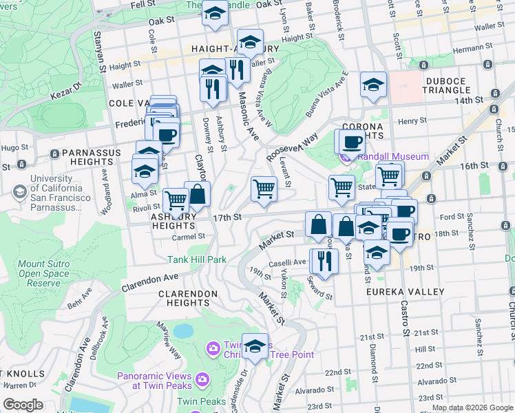 map of restaurants, bars, coffee shops, grocery stores, and more near 125 Saturn Street in San Francisco