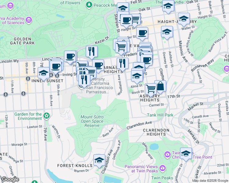 map of restaurants, bars, coffee shops, grocery stores, and more near 1515 Willard Street in San Francisco