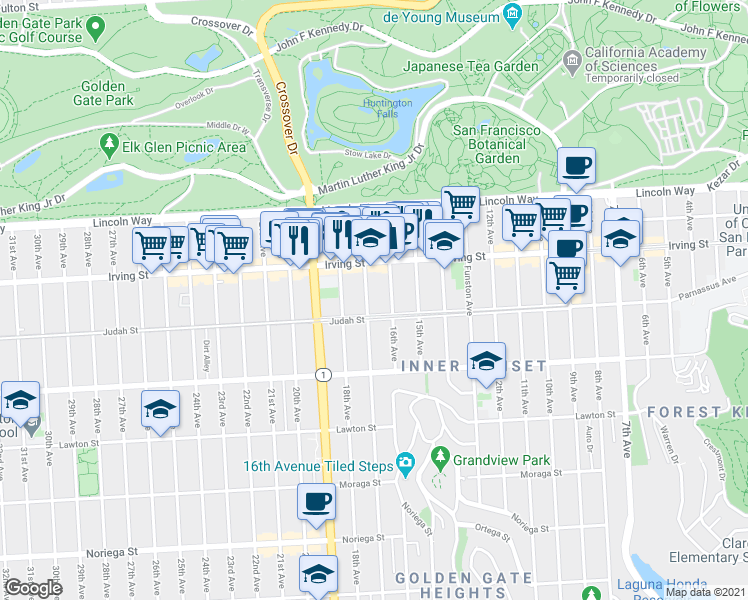 map of restaurants, bars, coffee shops, grocery stores, and more near 1363 17th Avenue in San Francisco
