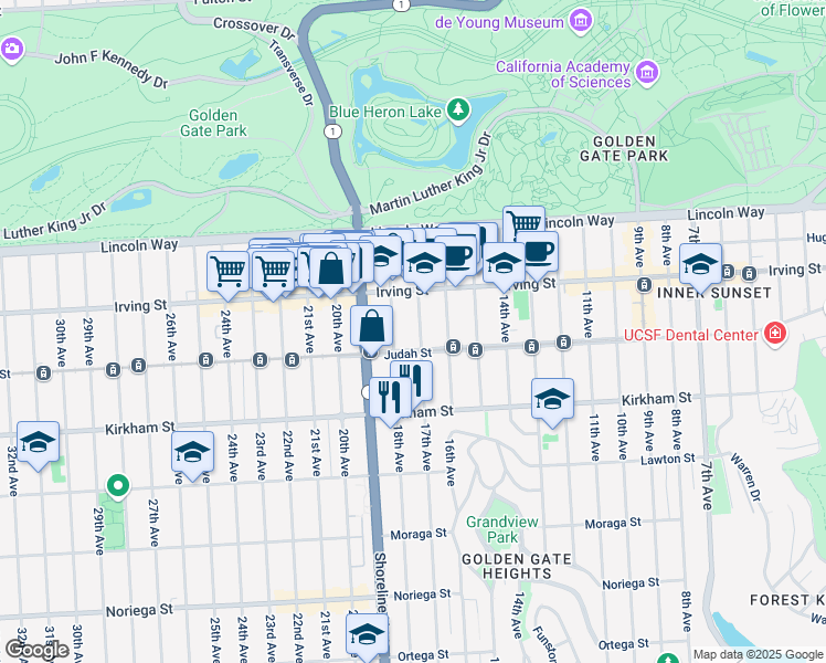 map of restaurants, bars, coffee shops, grocery stores, and more near 1363 17th Avenue in San Francisco