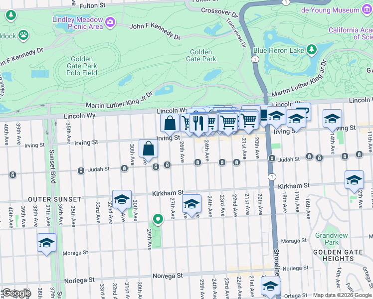 map of restaurants, bars, coffee shops, grocery stores, and more near 1339 25th Avenue in San Francisco