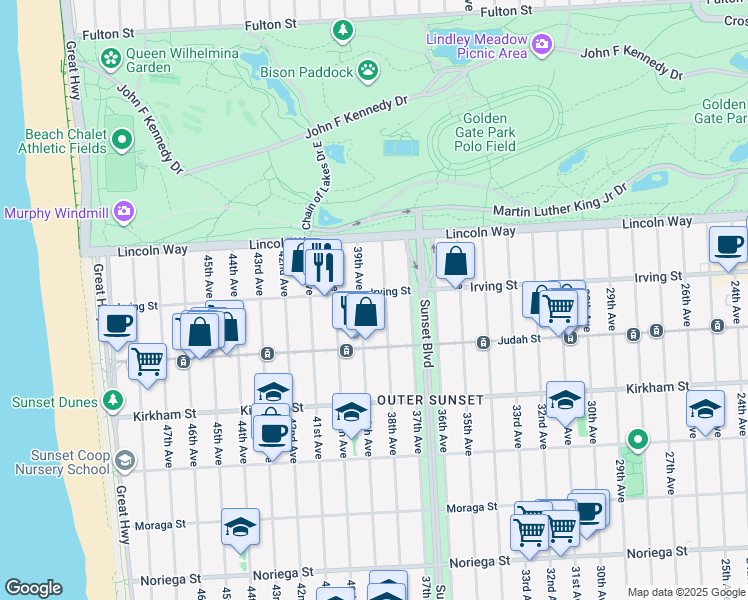 map of restaurants, bars, coffee shops, grocery stores, and more near 3701 Irving Street in San Francisco