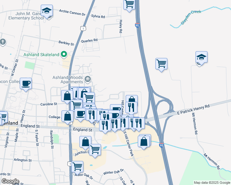 map of restaurants, bars, coffee shops, grocery stores, and more near 946 Kitty Hamilton Circle in Ashland