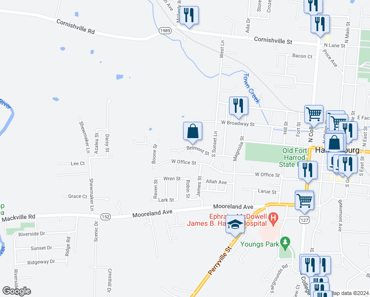 map of restaurants, bars, coffee shops, grocery stores, and more near 618 Belmont Street in Harrodsburg