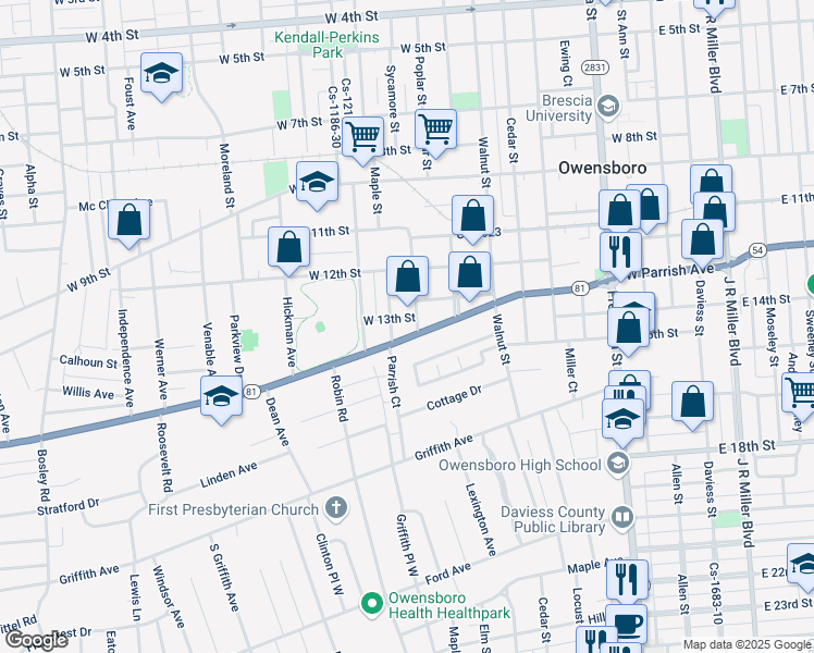 map of restaurants, bars, coffee shops, grocery stores, and more near 911 W Parrish Ave in Owensboro