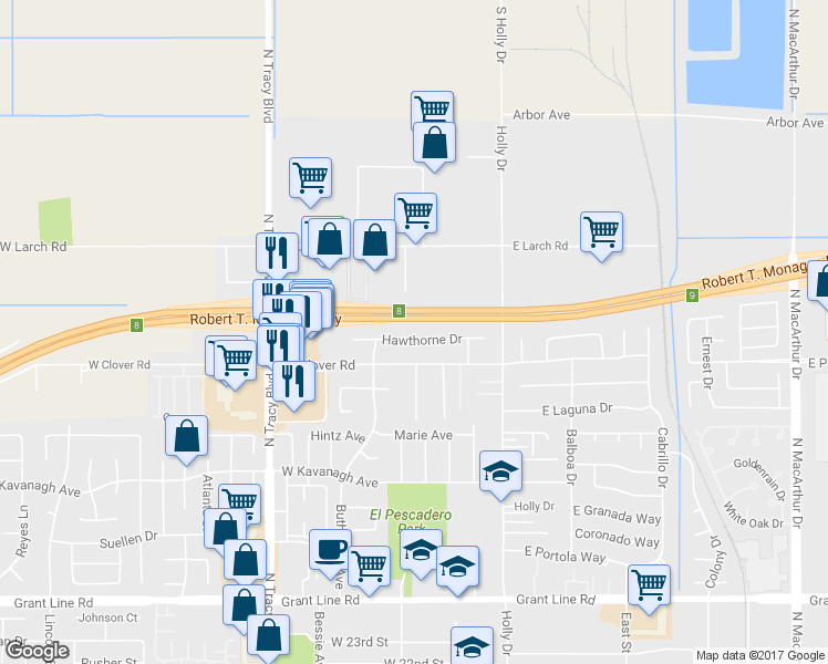 map of restaurants, bars, coffee shops, grocery stores, and more near 275 Hawthorne Drive in Tracy