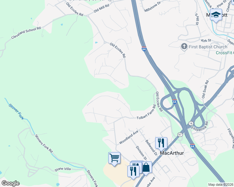 map of restaurants, bars, coffee shops, grocery stores, and more near 120 Richmond Lane in Beckley