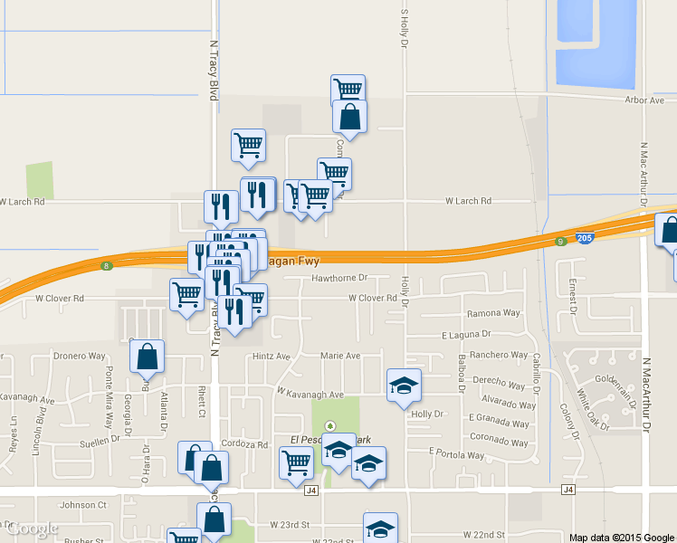 map of restaurants, bars, coffee shops, grocery stores, and more near 255 Hawthorne Road in Tracy