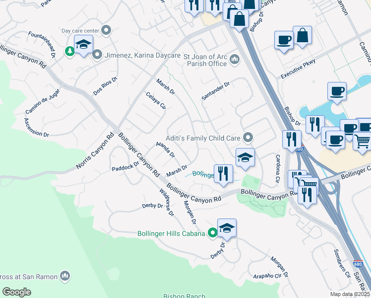 map of restaurants, bars, coffee shops, grocery stores, and more near 2519 Malaga Court in San Ramon