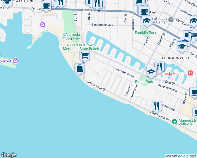 map of restaurants, bars, coffee shops, grocery stores, and more near 965 Shorepoint Court in Alameda