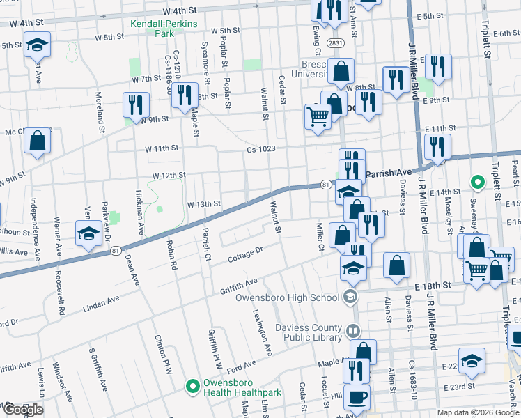 map of restaurants, bars, coffee shops, grocery stores, and more near 800-998 West Parrish Avenue in Owensboro