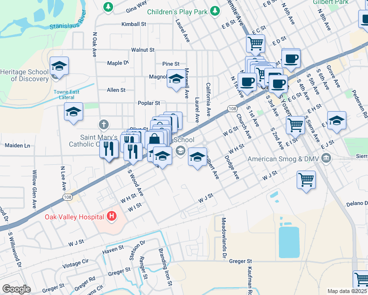 map of restaurants, bars, coffee shops, grocery stores, and more near 706 West G Street in Oakdale