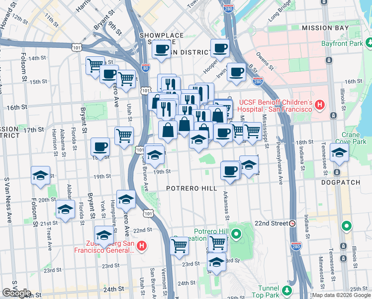 map of restaurants, bars, coffee shops, grocery stores, and more near 1912 18th Street in San Francisco