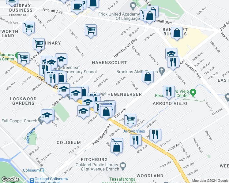 map of restaurants, bars, coffee shops, grocery stores, and more near 1681 70th Avenue in Oakland