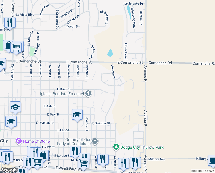map of restaurants, bars, coffee shops, grocery stores, and more near 1507 Mulberry Circle in Dodge City