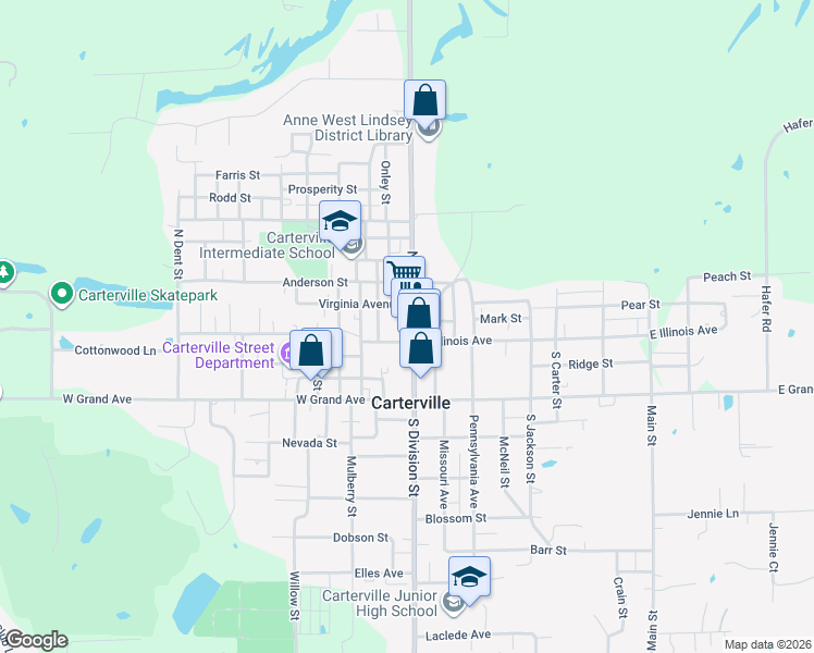 map of restaurants, bars, coffee shops, grocery stores, and more near 113 North Division Street in Carterville