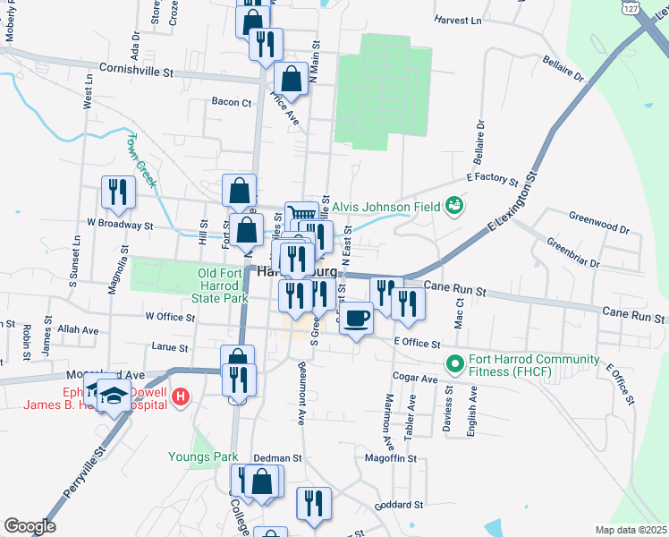 map of restaurants, bars, coffee shops, grocery stores, and more near 217 West Lexington Street in Harrodsburg