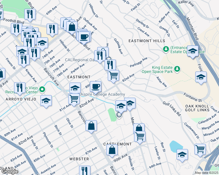 map of restaurants, bars, coffee shops, grocery stores, and more near 2517 82nd Avenue in Oakland