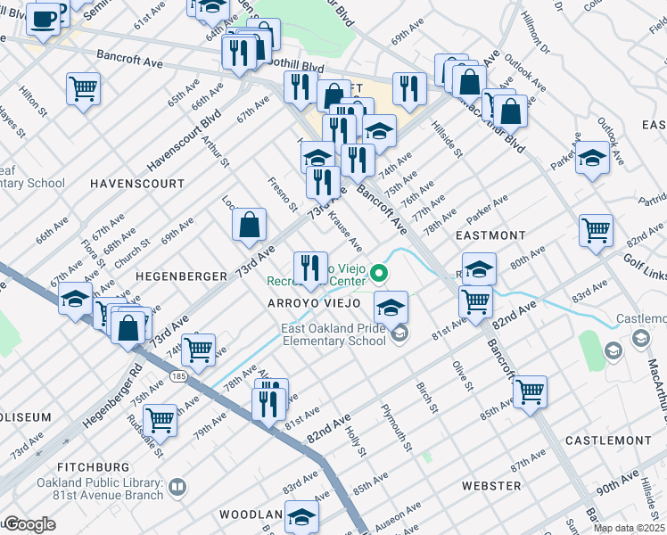 map of restaurants, bars, coffee shops, grocery stores, and more near 7600 Deerwood Avenue in Oakland