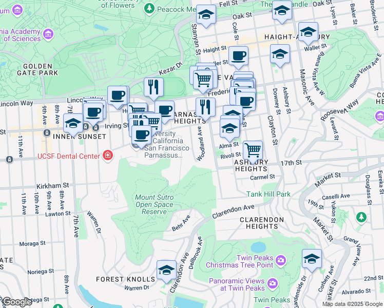 map of restaurants, bars, coffee shops, grocery stores, and more near 1515 Willard Street in San Francisco