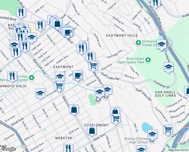 map of restaurants, bars, coffee shops, grocery stores, and more near 8201 MacArthur Boulevard in Oakland
