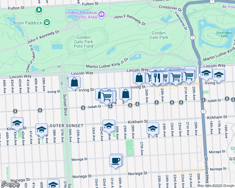 map of restaurants, bars, coffee shops, grocery stores, and more near 1330 30th Avenue in San Francisco