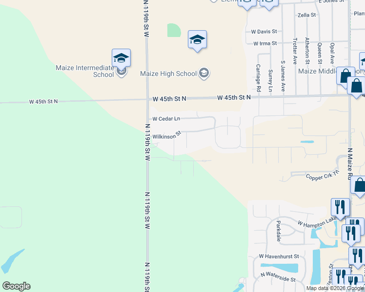 map of restaurants, bars, coffee shops, grocery stores, and more near 11739 Wilkinson Court in Maize