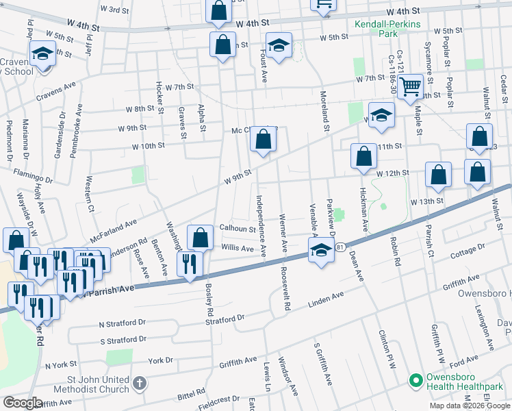 map of restaurants, bars, coffee shops, grocery stores, and more near 1304 Independence Avenue in Owensboro