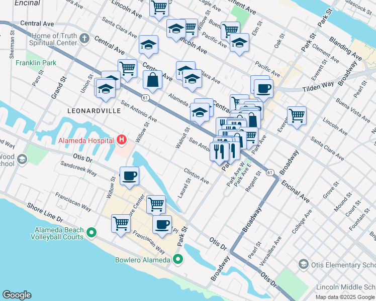 map of restaurants, bars, coffee shops, grocery stores, and more near 2217 San Jose Avenue in Alameda