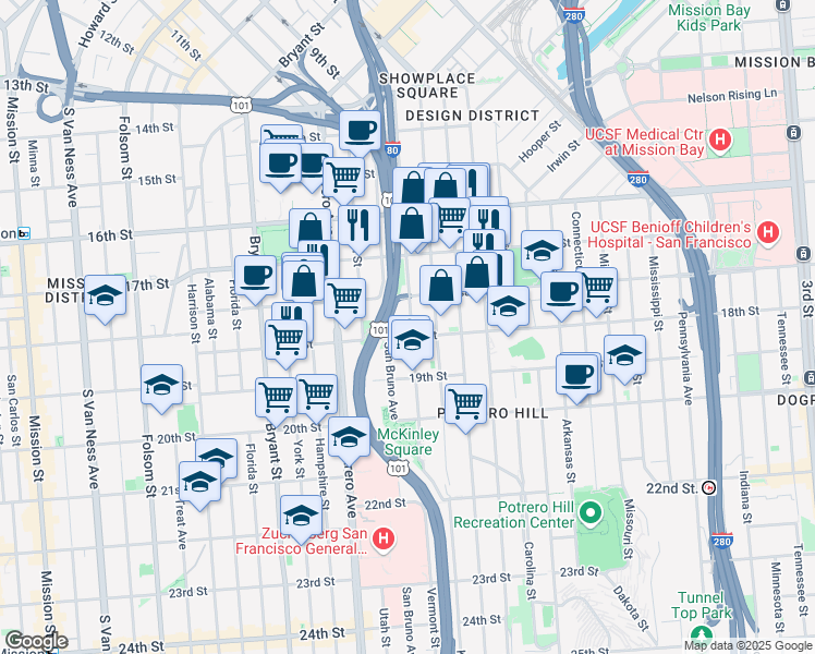 map of restaurants, bars, coffee shops, grocery stores, and more near 574 Vermont Street in San Francisco