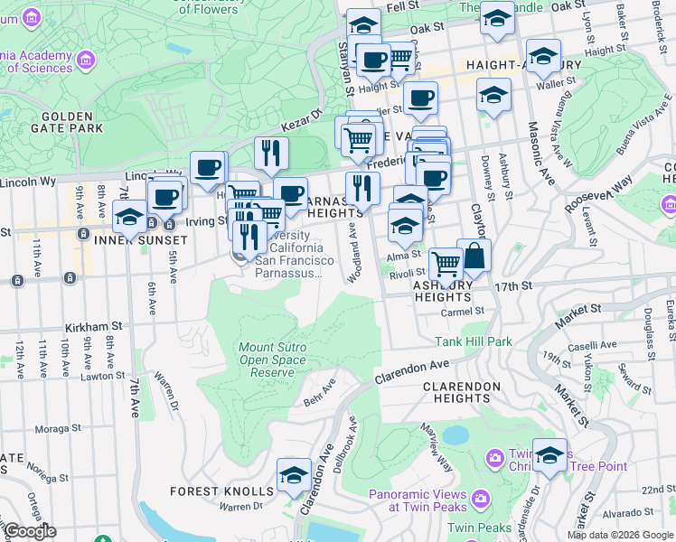 map of restaurants, bars, coffee shops, grocery stores, and more near 1515 Willard Street in San Francisco