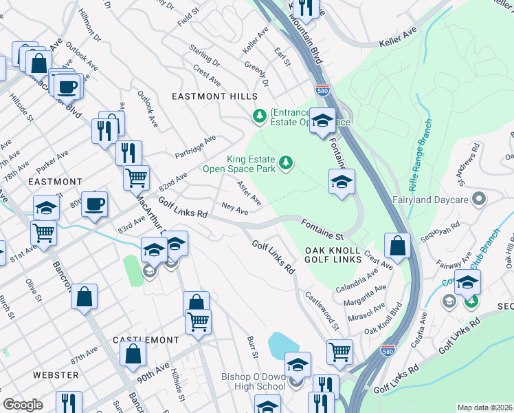 map of restaurants, bars, coffee shops, grocery stores, and more near 8499 Aster Avenue in Oakland