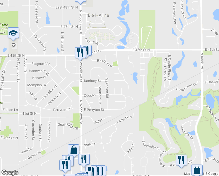 map of restaurants, bars, coffee shops, grocery stores, and more near 4326 North Mission Road in Bel Aire