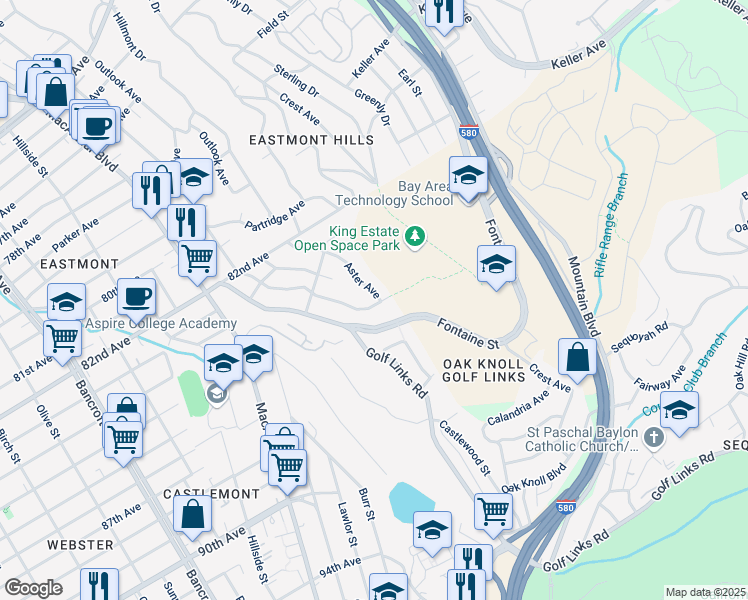 map of restaurants, bars, coffee shops, grocery stores, and more near 8499 Aster Avenue in Oakland